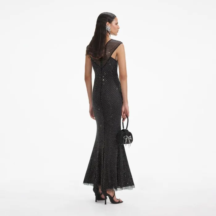 Black Rhinestone Fishnet Crossover Midi Dress Women Self Portrait Dresses