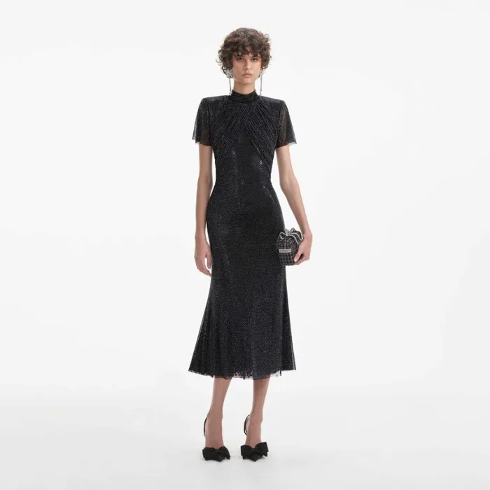 Black Rhinestone Mesh Midi Dress Women Self Portrait Dresses