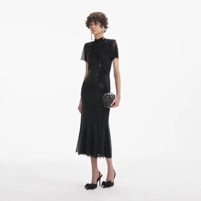 Black Rhinestone Mesh Midi Dress Women Self Portrait Dresses Black Rhinestone Mesh Midi Dress Women Self Portrait Dresses