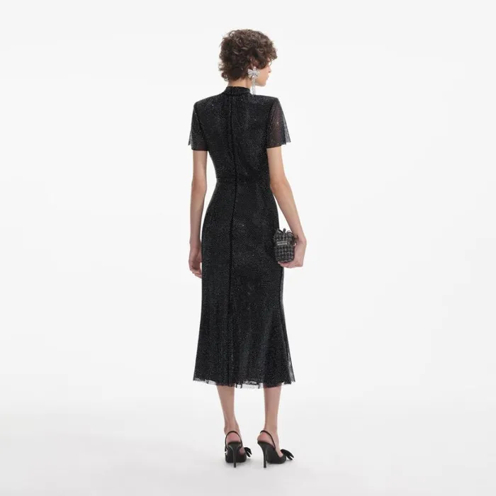 Black Rhinestone Mesh Midi Dress Women Self Portrait Dresses Black Rhinestone Mesh Midi Dress Women Self Portrait Dresses