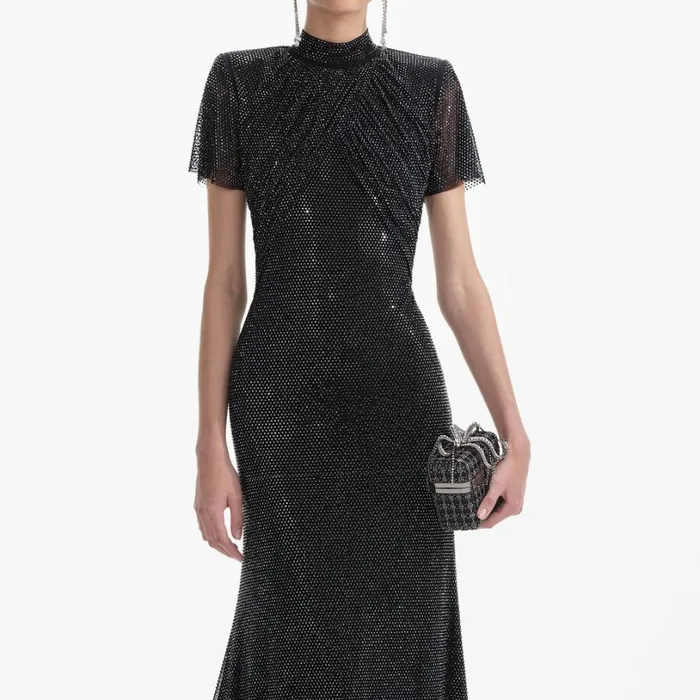 Black Rhinestone Mesh Midi Dress Women Self Portrait Dresses Black Rhinestone Mesh Midi Dress Women Self Portrait Dresses