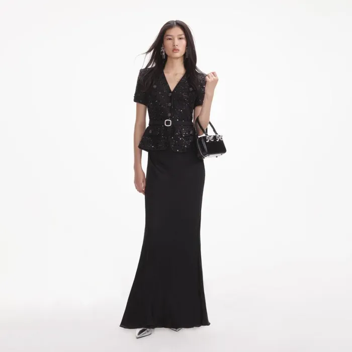 Black Sequin Boucle Maxi Dress Women Self Portrait Dresses