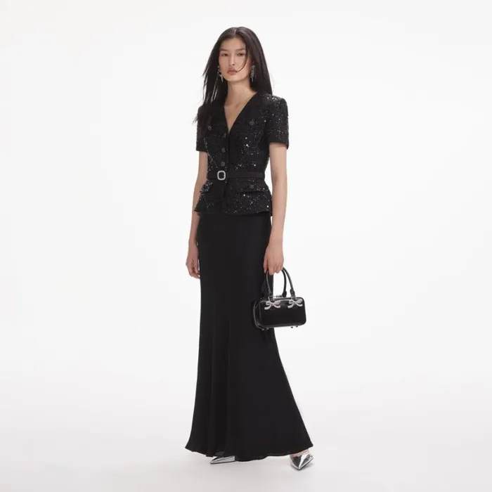 Black Sequin Boucle Maxi Dress Women Self Portrait Dresses