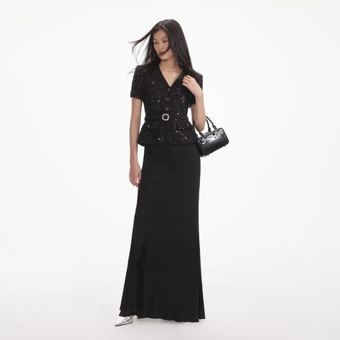 Black Sequin Boucle Maxi Dress Women Self Portrait Dresses