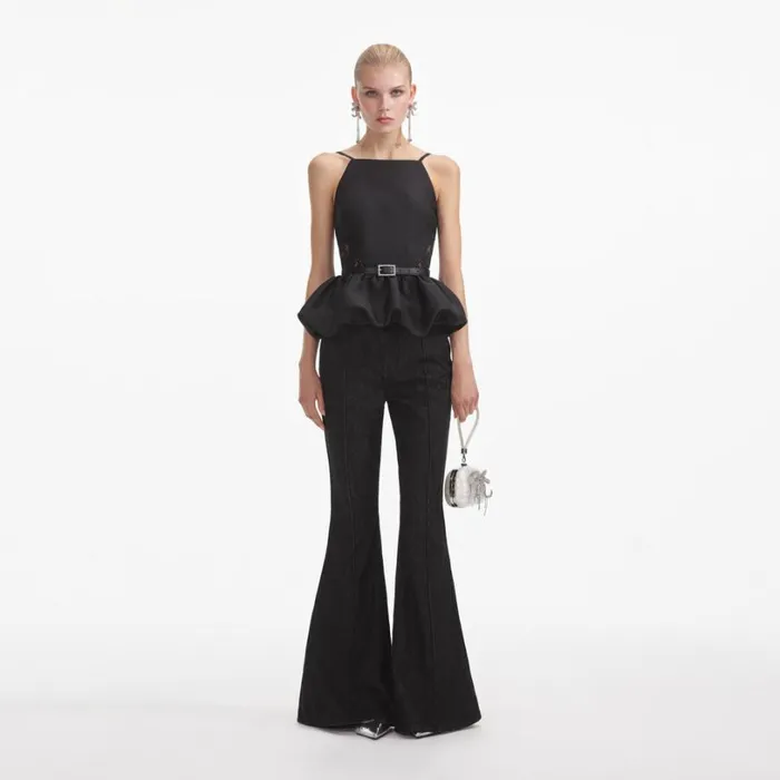 Black Taffeta Peplum Top Women Self Portrait Tops