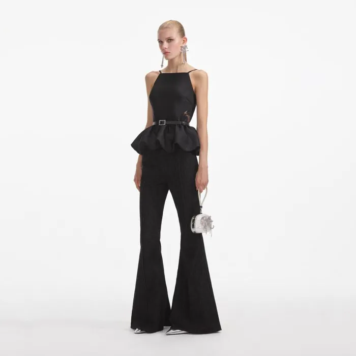 Black Taffeta Peplum Top Women Self Portrait Tops