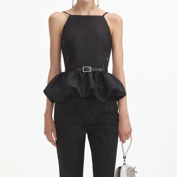 Black Taffeta Peplum Top Women Self Portrait Tops