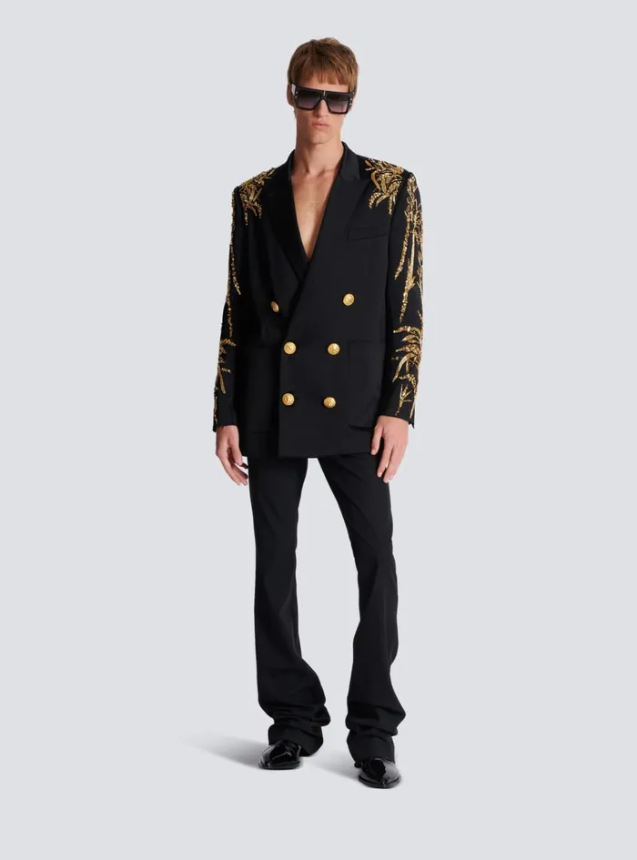 Blazer With Embroidered Bamboo Sleeves Black Men Balmain Jackets And Blazers