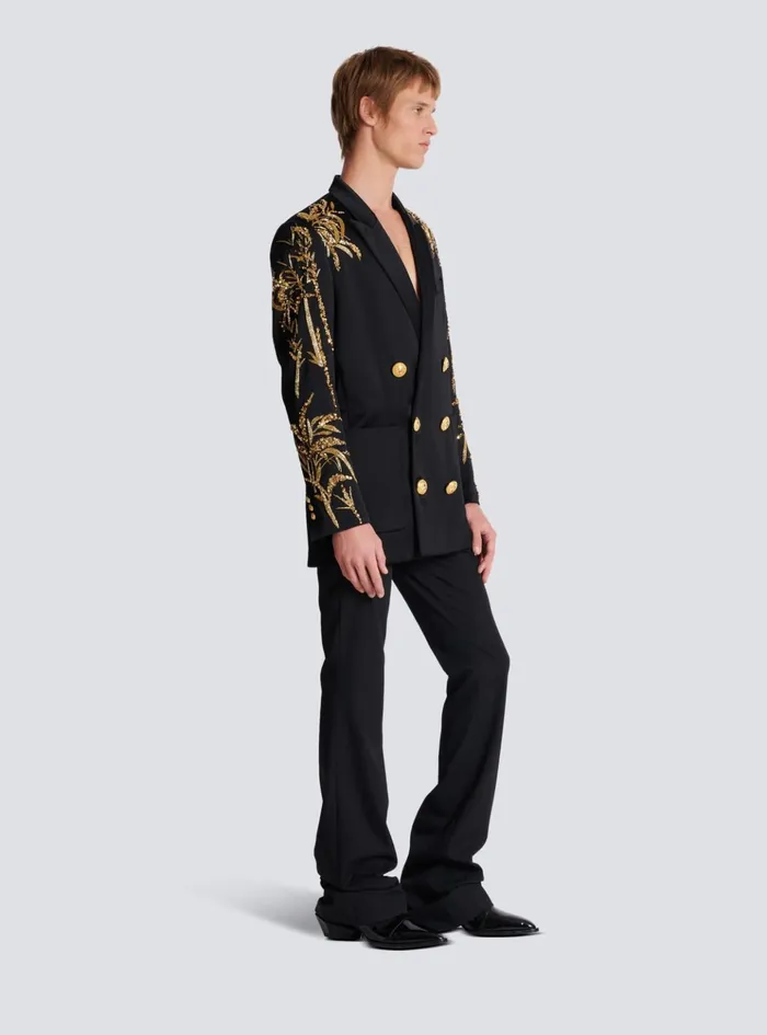Blazer With Embroidered Bamboo Sleeves Black Men Balmain Jackets And Blazers