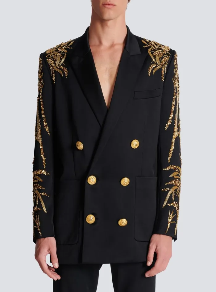 Blazer With Embroidered Bamboo Sleeves Black Men Balmain Jackets And Blazers