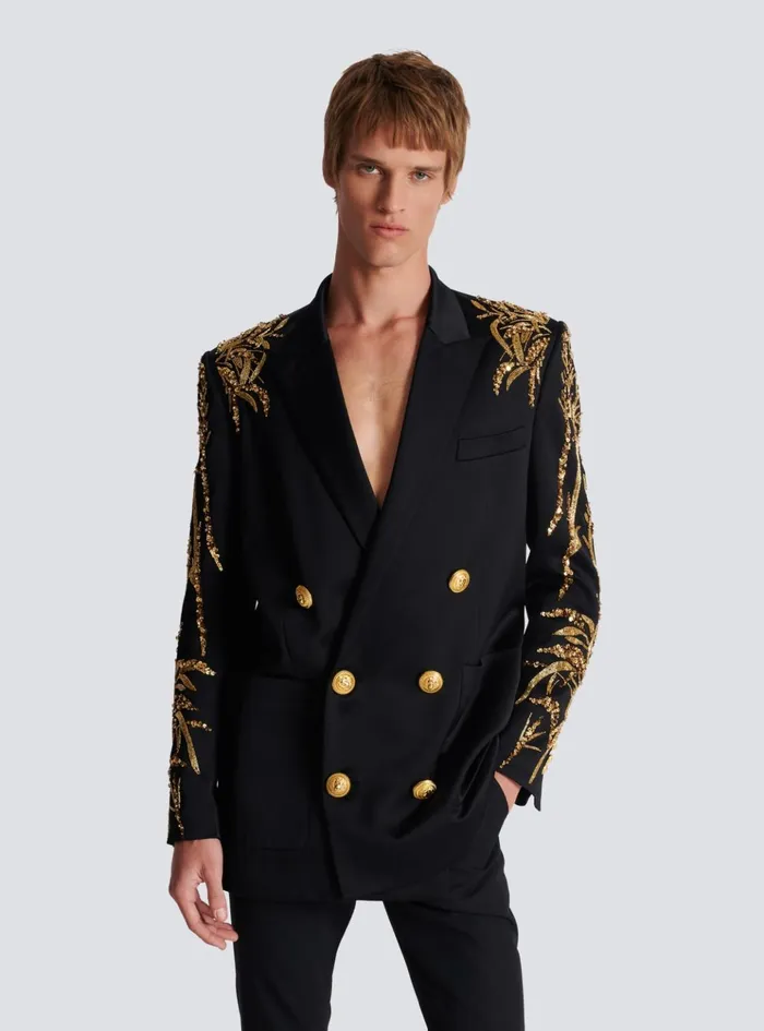 Blazer With Embroidered Bamboo Sleeves Black Men Balmain Jackets And Blazers