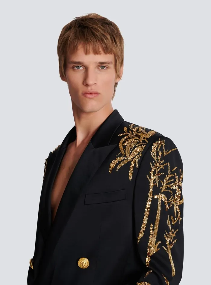 Blazer With Embroidered Bamboo Sleeves Black Men Balmain Jackets And Blazers