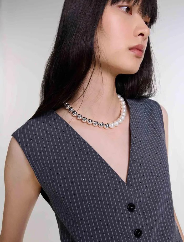 Blazers and Jackets Women Maje Rhinestone Jacket Gray Striped Tennis Rhinestone