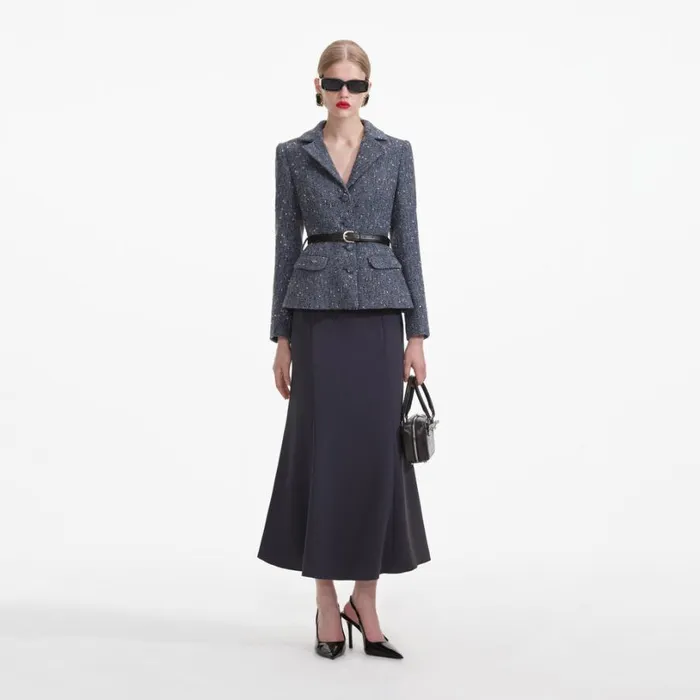 Blue Boucle Midi Dress Women Self Portrait Dresses