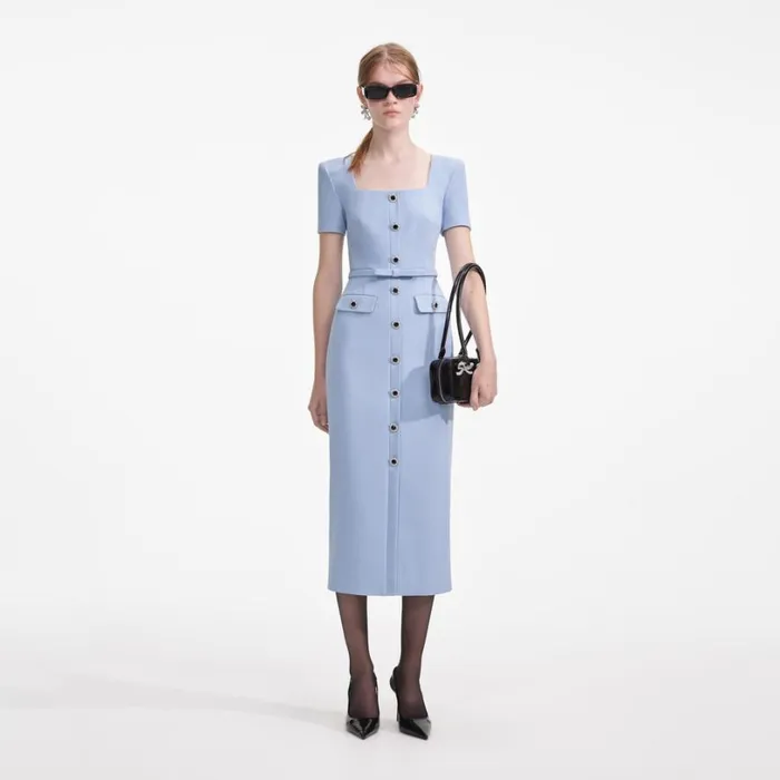 Blue Crepe Button Midi Dress Women Self Portrait Dresses