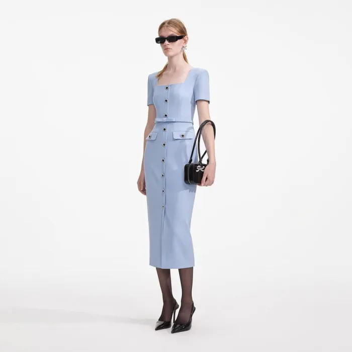Blue Crepe Button Midi Dress Women Self Portrait Dresses