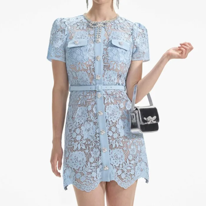 Blue Lace Diamante Bow Mini Dress Women Self Portrait Dresses Blue Lace Diamante Bow Mini Dress Women Self Portrait Dresses