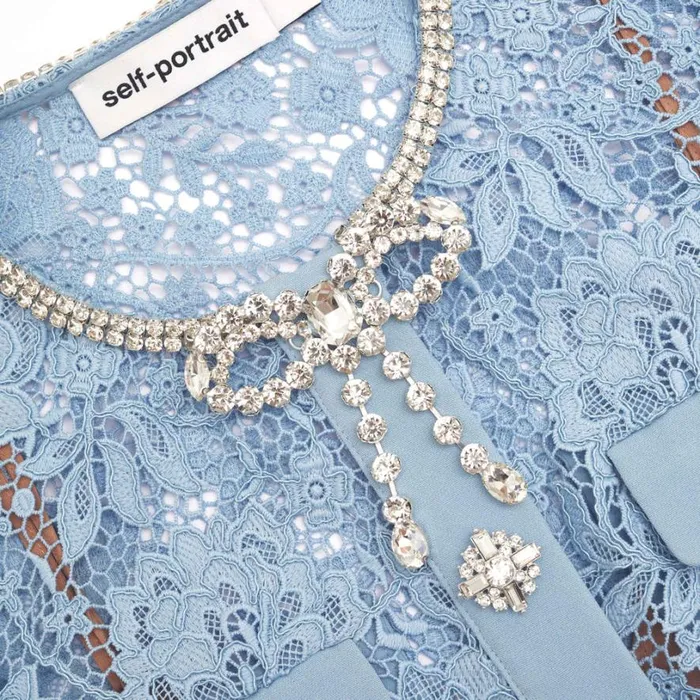 Blue Lace Diamante Bow Mini Dress Women Self Portrait Dresses Blue Lace Diamante Bow Mini Dress Women Self Portrait Dresses