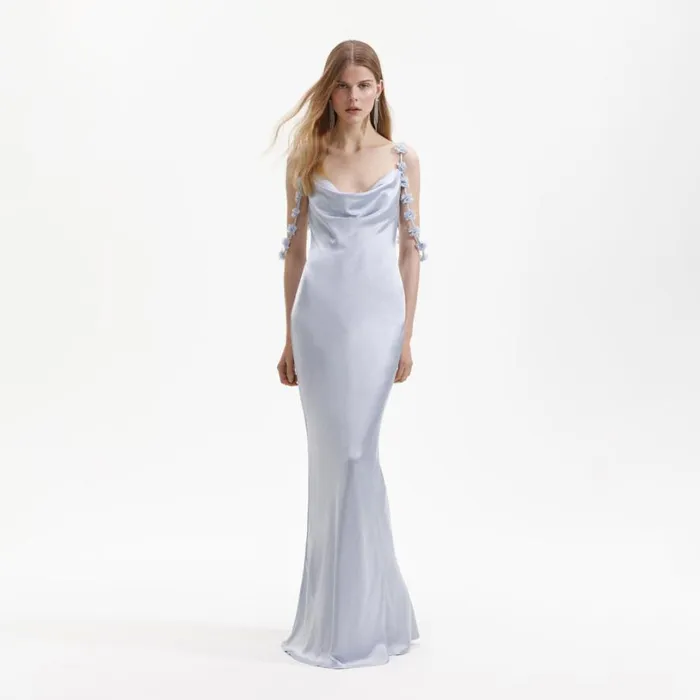 Blue Satin Flower Maxi Dress Women Self Portrait Dresses