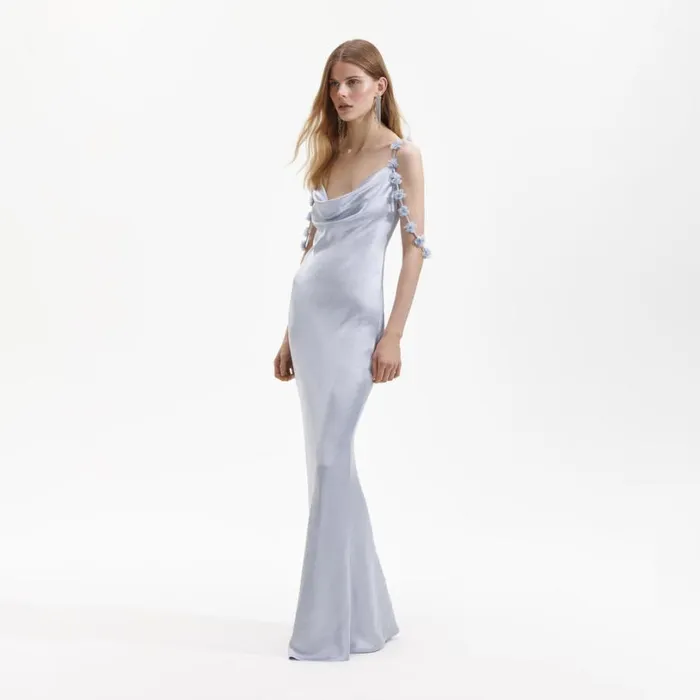 Blue Satin Flower Maxi Dress Women Self Portrait Dresses Blue Satin Flower Maxi Dress Women Self Portrait Dresses