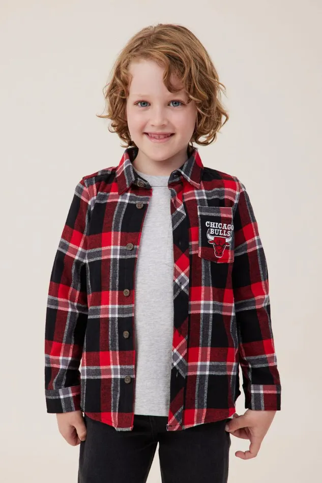 Boys 214 Shirts Cotton On License Rugged Long Sleeve Shirt Lcn Nba Black Chicago Bulls Plaid