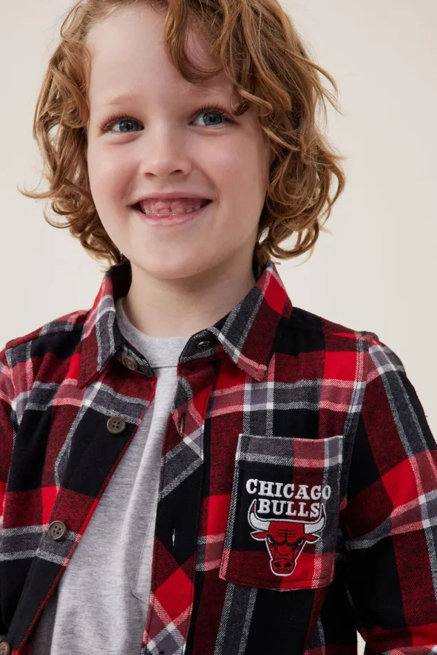 Boys 214 Shirts Cotton On License Rugged Long Sleeve Shirt Lcn Nba Black Chicago Bulls Plaid