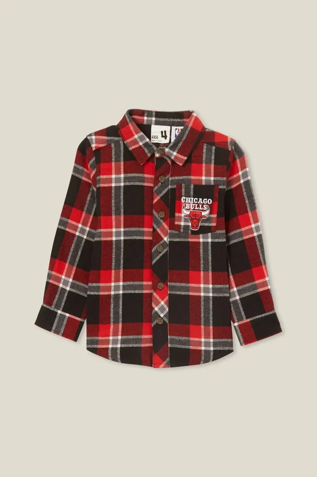 Boys 214 Shirts Cotton On License Rugged Long Sleeve Shirt Lcn Nba Black Chicago Bulls Plaid