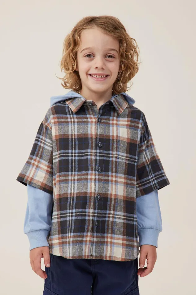 Boys 214 Shirts Cotton On Rugged Long Sleeve Layered Shirt Dusty Bluecoco Jumbo Plaid