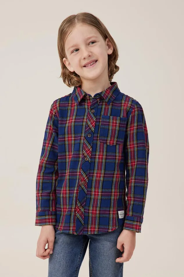 Boys 214 Shirts Cotton On Rugged Long Sleeve Shirt In The Navyheritage Red Plaid