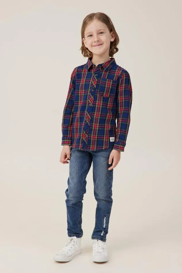 Boys 214 Shirts Cotton On Rugged Long Sleeve Shirt In The Navyheritage Red Plaid