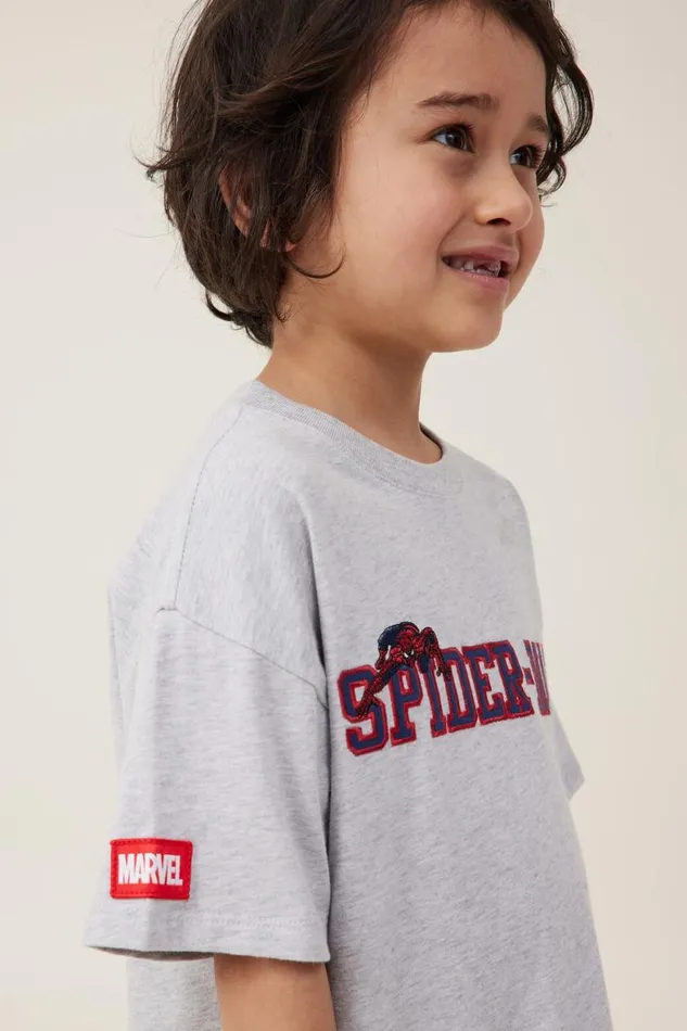 Boys 214 Tops and TShirts Cotton On License Drop Shoulder Short Sleeve Tee Lcn Mar Fog Grey Marlespiderman Face