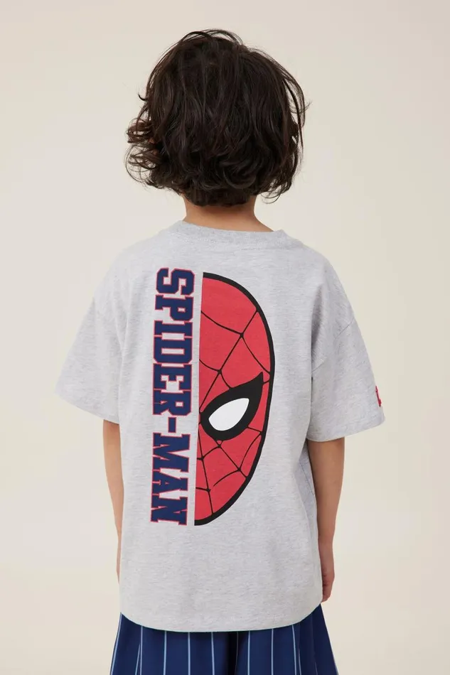 Boys 214 Tops and TShirts Cotton On License Drop Shoulder Short Sleeve Tee Lcn Mar Fog Grey Marlespiderman Face