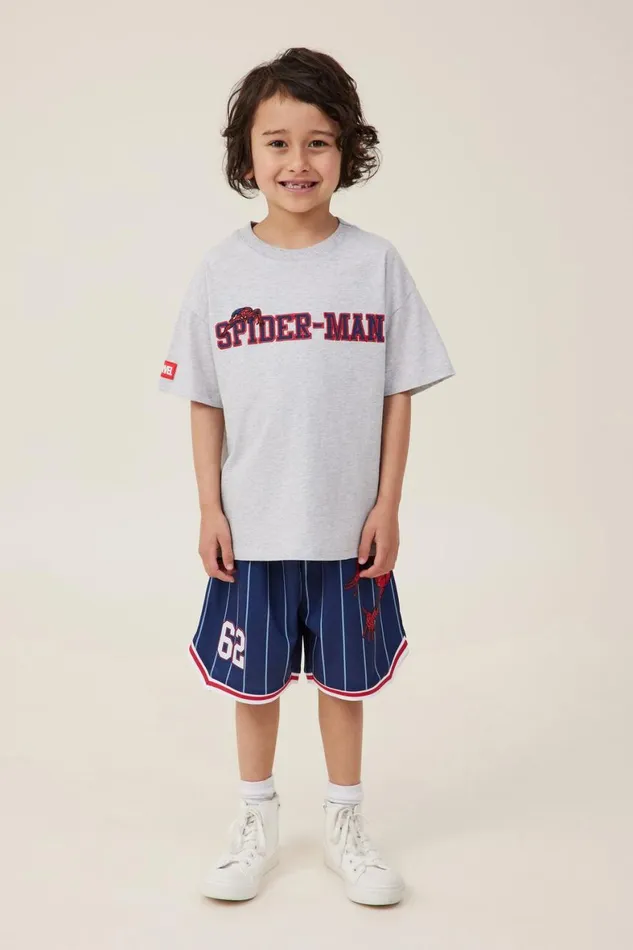 Boys 214 Tops and TShirts Cotton On License Drop Shoulder Short Sleeve Tee Lcn Mar Fog Grey Marlespiderman Face