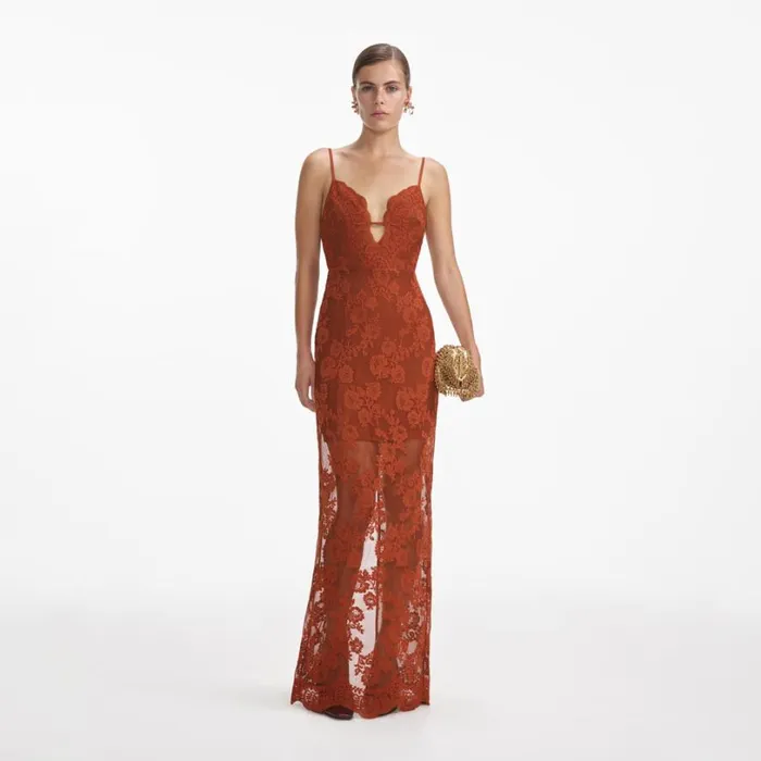 Brown Lace Maxi Dress Women Self Portrait Dresses
