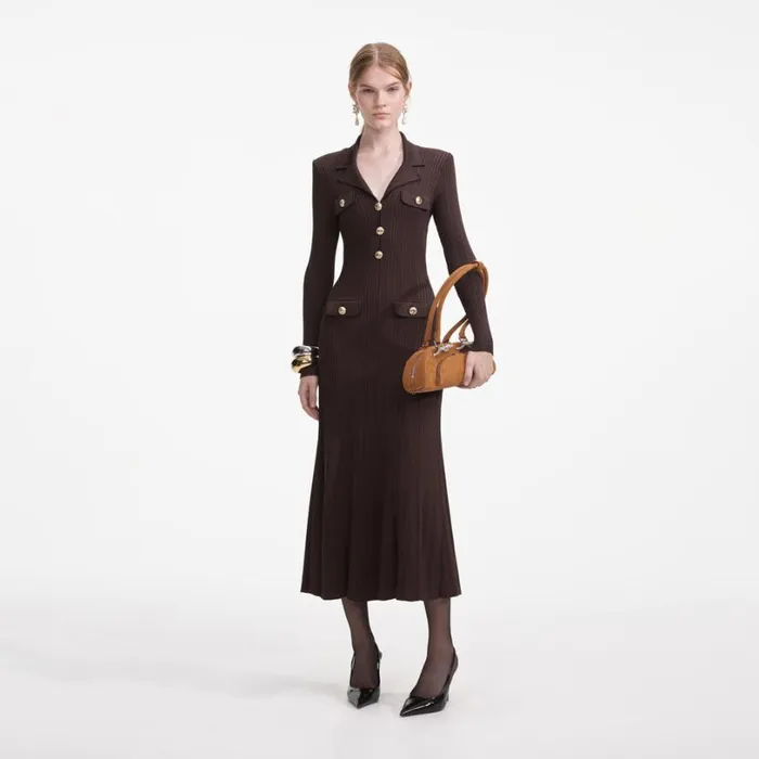 Brown Viscose Rib Knit Midi Dress Women Self Portrait Dresses
