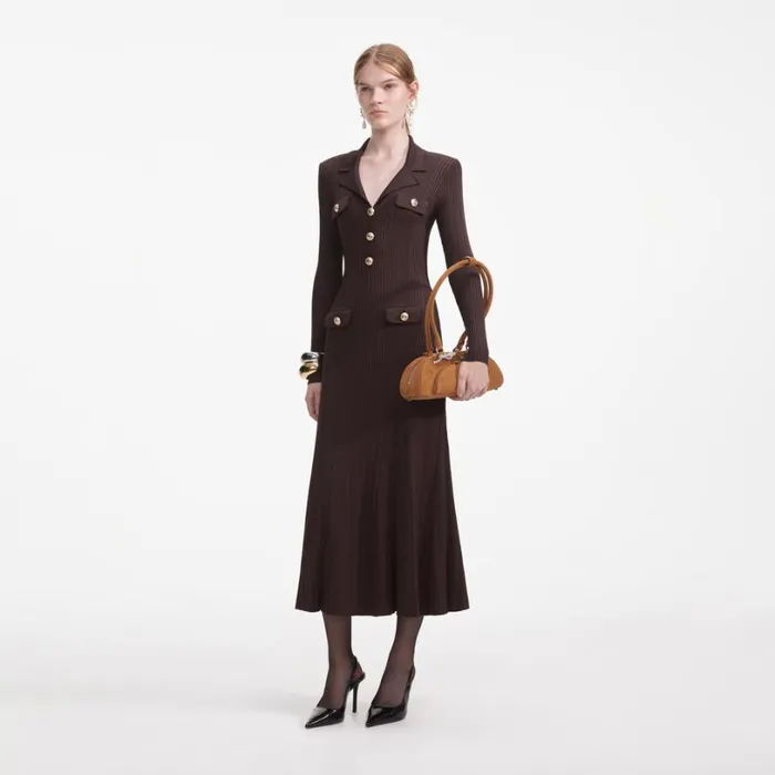 Brown Viscose Rib Knit Midi Dress Women Self Portrait Dresses Brown Viscose Rib Knit Midi Dress Women Self Portrait Dresses