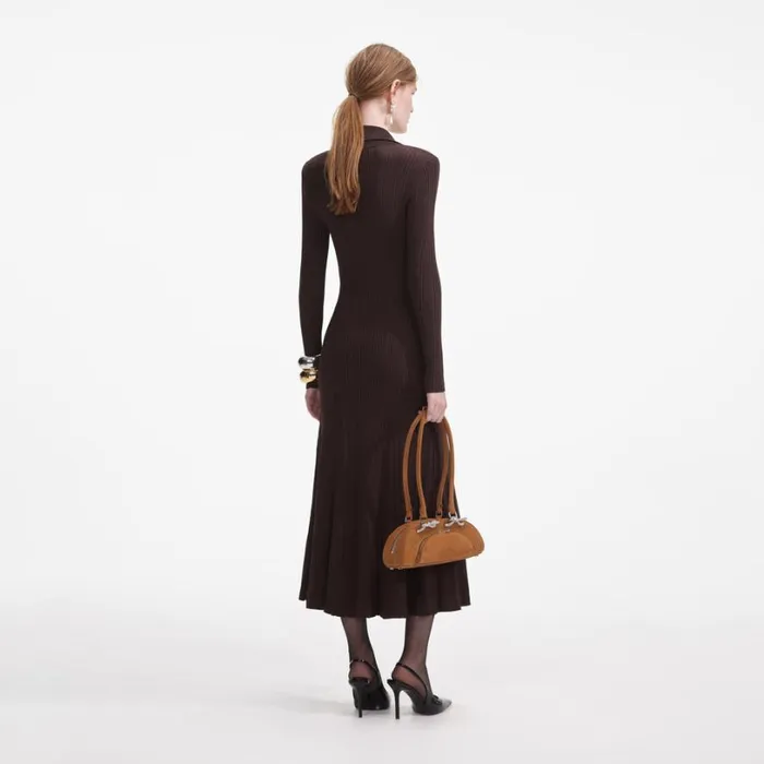 Brown Viscose Rib Knit Midi Dress Women Self Portrait Dresses Brown Viscose Rib Knit Midi Dress Women Self Portrait Dresses