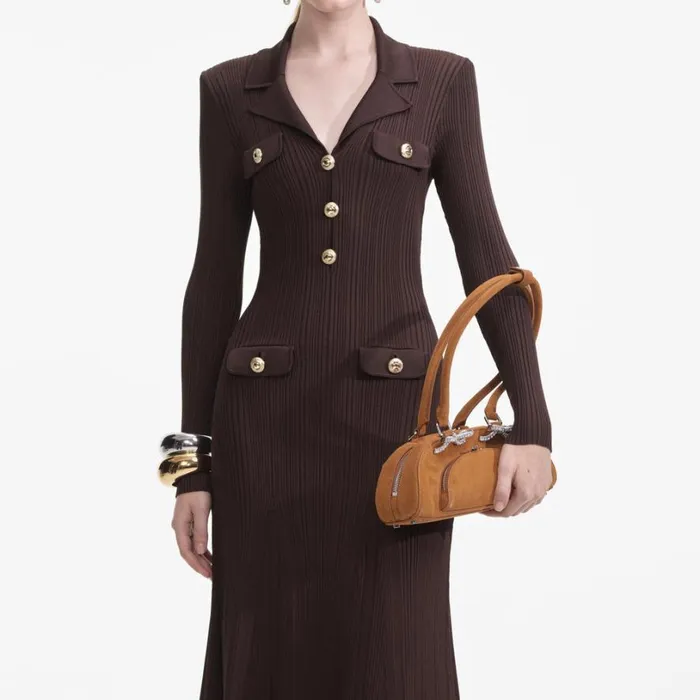 Brown Viscose Rib Knit Midi Dress Women Self Portrait Dresses Brown Viscose Rib Knit Midi Dress Women Self Portrait Dresses