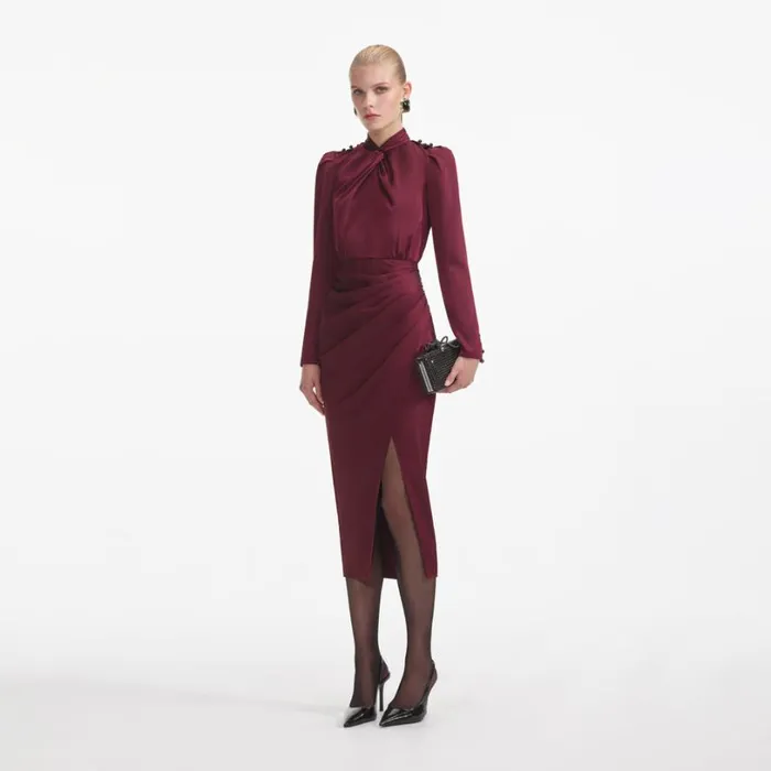 Burgundy Satin Midi Dress Women Self Portrait Wedding Guest Burgundy Satin Midi Dress Women Self Portrait Wedding Guest