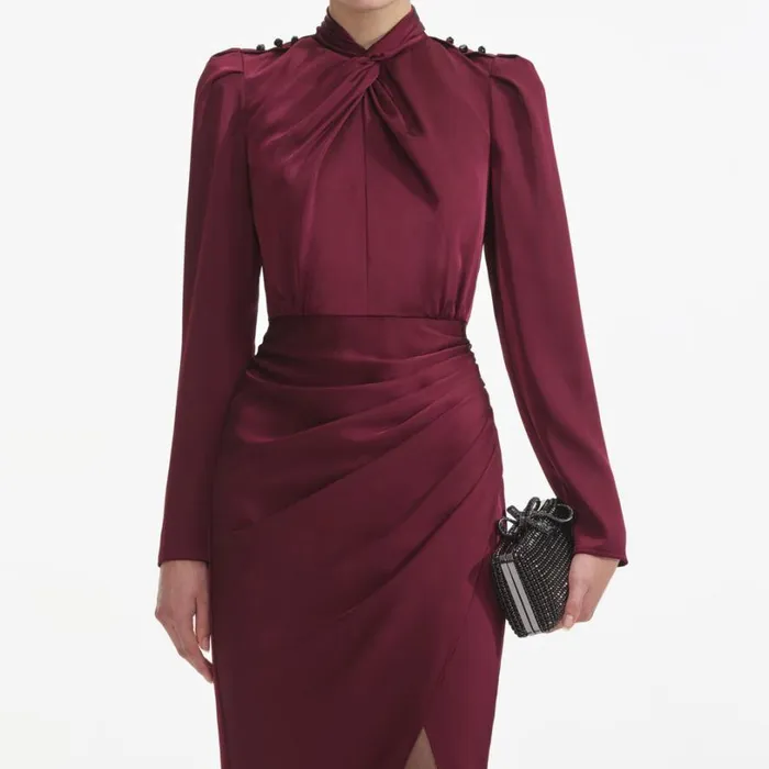 Burgundy Satin Midi Dress Women Self Portrait Wedding Guest Burgundy Satin Midi Dress Women Self Portrait Wedding Guest