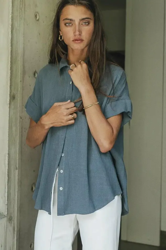 Caitlyn Button Up In Teal Teal Women Bohme Tops