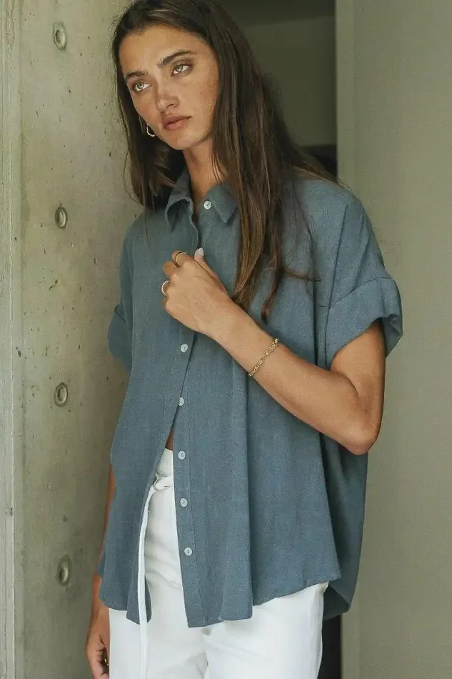Caitlyn Button Up In Teal Teal Women Bohme Tops