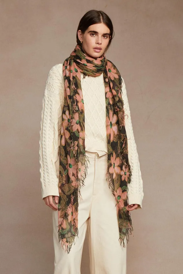 Cashmere And Silk Scarf Vibrant Green Meadow Floral Women Chan Luu Scarves