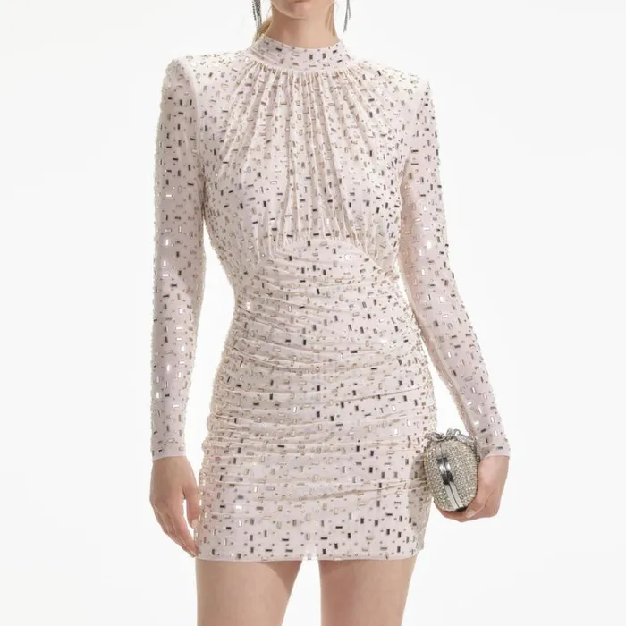 Champagne Rhinestone Mesh Mini Dress Women Self Portrait Dresses Champagne Rhinestone Mesh Mini Dress Women Self Portrait Dresses