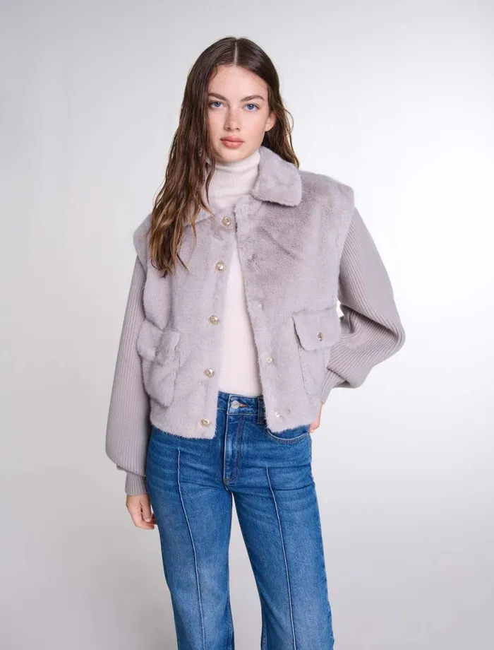 Coats Women Maje DualMaterial Faux Fur Jacket Grey