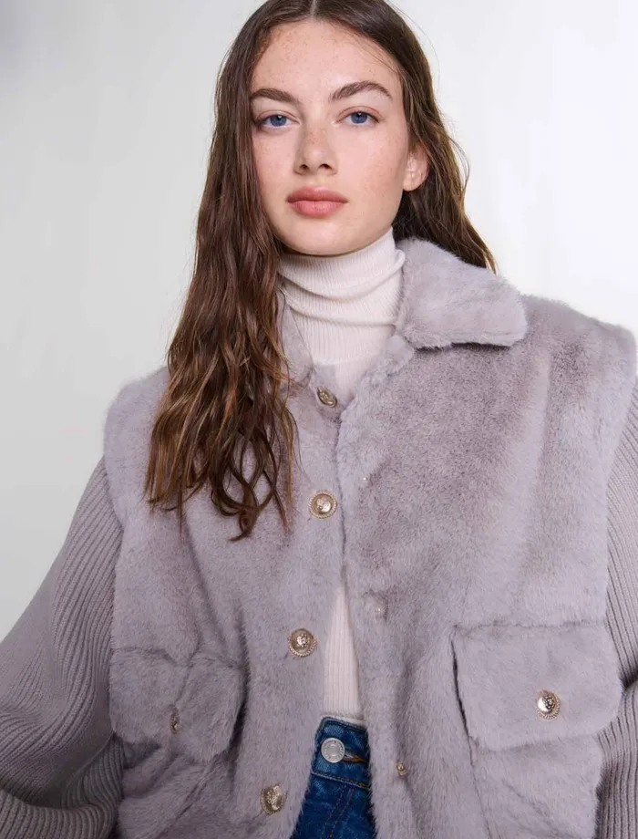 Coats Women Maje DualMaterial Faux Fur Jacket Grey