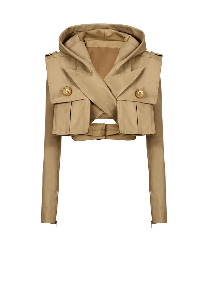 Cotton Cropped Hooded Jacket Beige Women Balmain Jackets And Blazers