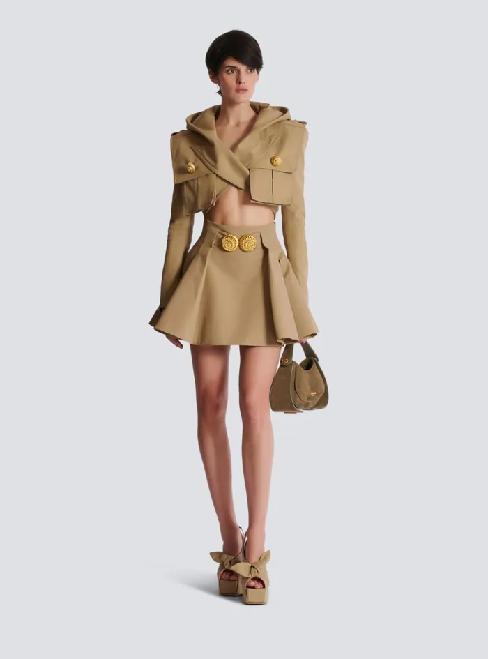 Cotton Cropped Hooded Jacket Beige Women Balmain Jackets And Blazers
