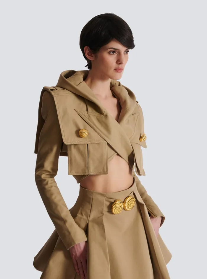 Cotton Cropped Hooded Jacket Beige Women Balmain Jackets And Blazers