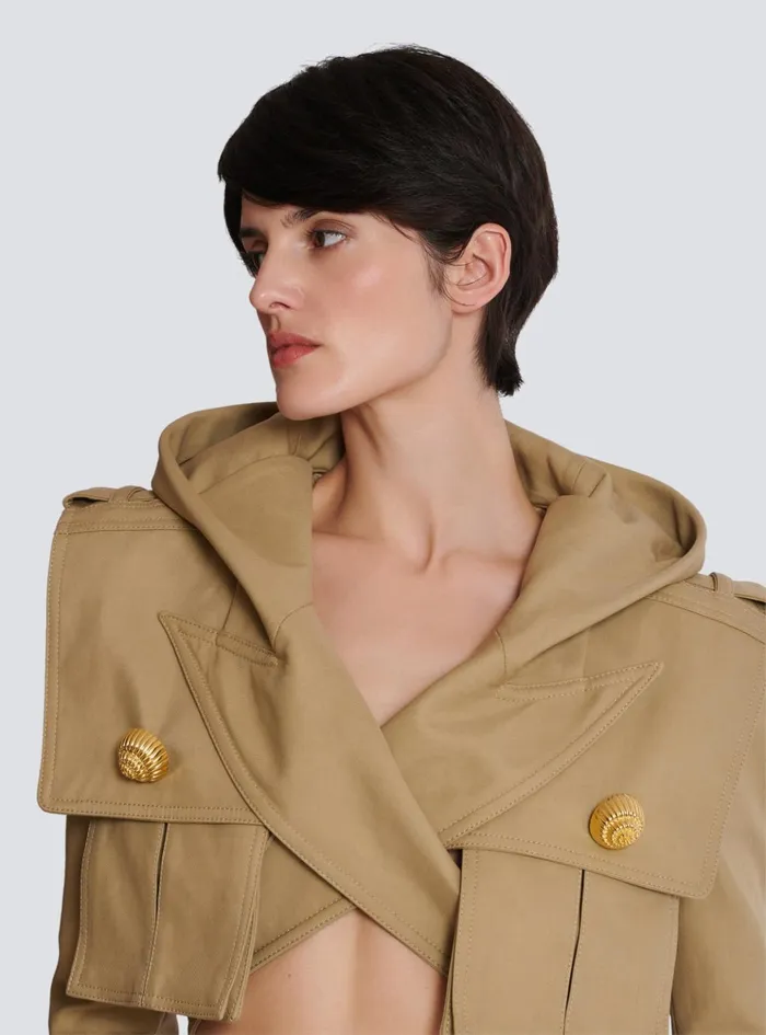 Cotton Cropped Hooded Jacket Beige Women Balmain Jackets And Blazers
